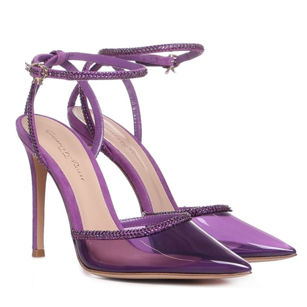 Gianvito Rossi Crystal Rhinestone Plexi Sabin 110mm Stiletto Pumps 37.5 Grape